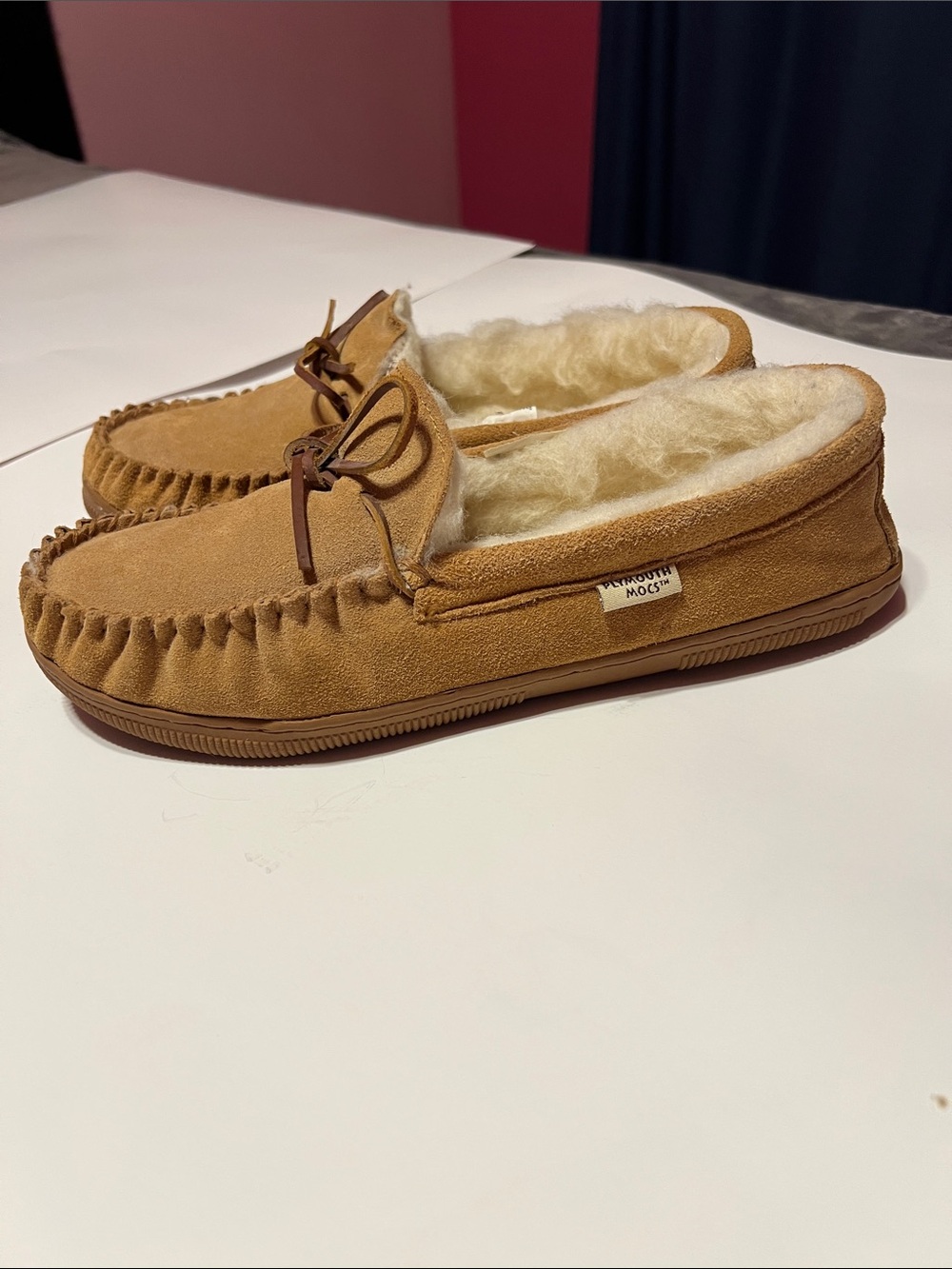 Plymouth Mocs Lined Tan Suede Moccasin Slippers for Men Size 10